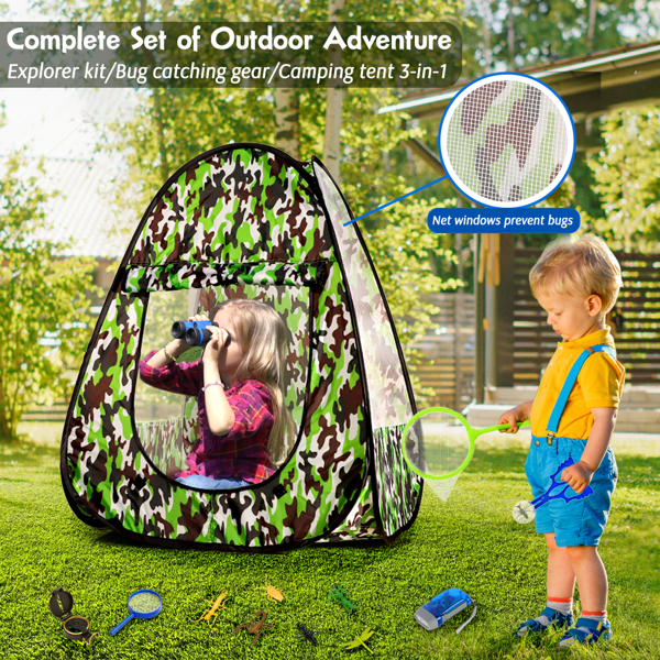 (ABC)(Prohibited Product on Amazon)Kids Camping Tent Set,15PCS Bug Catching Kit with Camouflage Military Pop Up Play Tent ,Camping Toys Kids Explorer Kit, Nature Exploration Toys Butterfly Nets for Ki