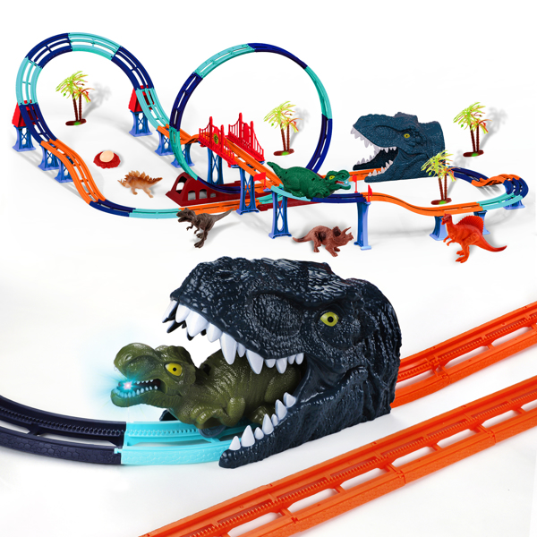 (ABC)(Prohibited Product on Amazon)Dinosaur Toys Race Track for Boys with 1 Rechargeable Dinosaur Car, 4 Dinosaur Figures, Flexible Track Playset Toy with Light and Sound, Create A Dinosaur World for 