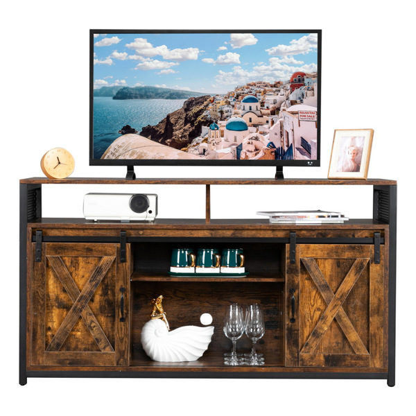 4-layer Double Barn Door with Sliding Rail X-shaped Panel TV Cabinet Industrial Wind MDF with Triamine Retro Brown