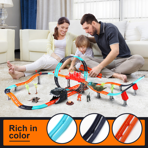 (ABC)(Prohibited Product on Amazon)Dinosaur Toys Race Track for Boys with 1 Rechargeable Dinosaur Car, 4 Dinosaur Figures, Flexible Track Playset Toy with Light and Sound, Create A Dinosaur World for 