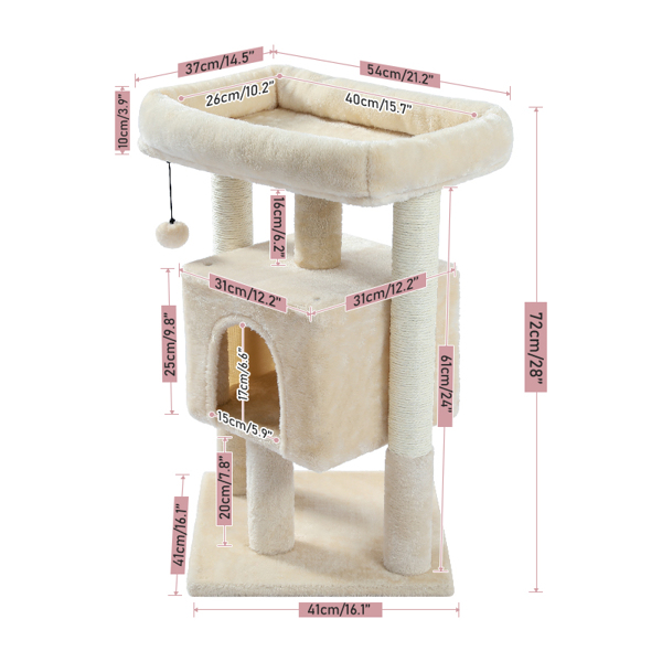 Modern Small Cat Tree Cat Tower with Sisal Scratching Post, Cozy Condo, Top Perch and Dangling Ball Beige