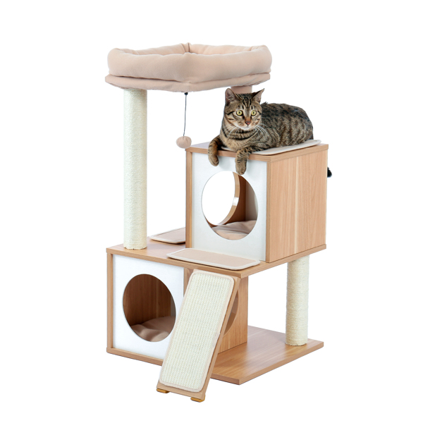 Wood Cat Tree Cat Tower With Double Condos Spacious Perch Sisal Scratching Post And Replaceable Dangling Balls Beige (Minimum Retail Price for US: USD 99.99)