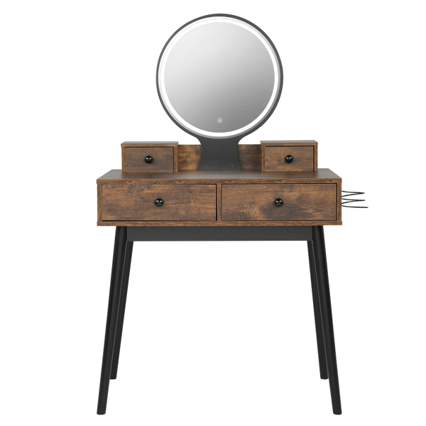 Vanity Set with Touch Screen Lighted Mirror, Makeup Table with Cushioned Stool, 4 Drawers, Rustic Brown and Black