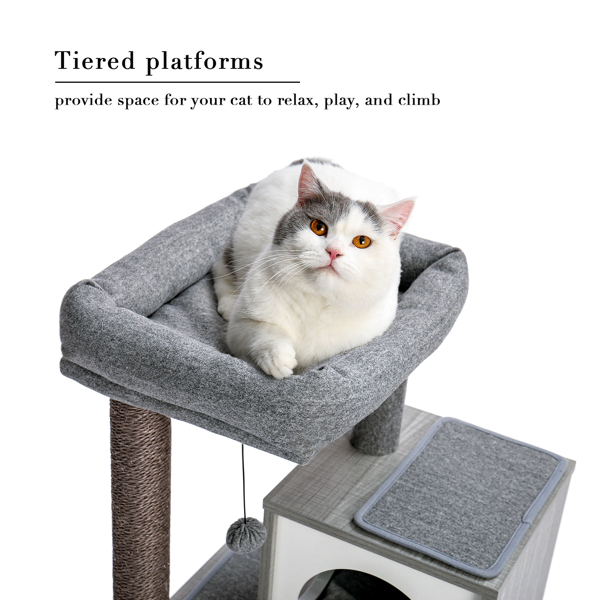 Modern Wood Cat Tree Cat Tower With Double Condos Spacious Perch Sisal Scratching Posts and Replaceable Dangling Balls (Minimum Retail Price for US: USD 99.99)