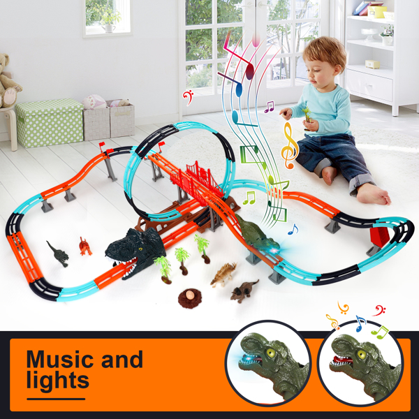 (ABC)(Prohibited Product on Amazon)Dinosaur Toys Race Track for Boys with 1 Rechargeable Dinosaur Car, 4 Dinosaur Figures, Flexible Track Playset Toy with Light and Sound, Create A Dinosaur World for 