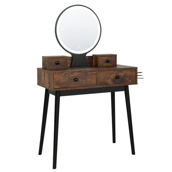 Vanity Set with Touch Screen Lighted Mirror, Makeup Table with Cushioned Stool, 4 Drawers, Rustic Brown and Black