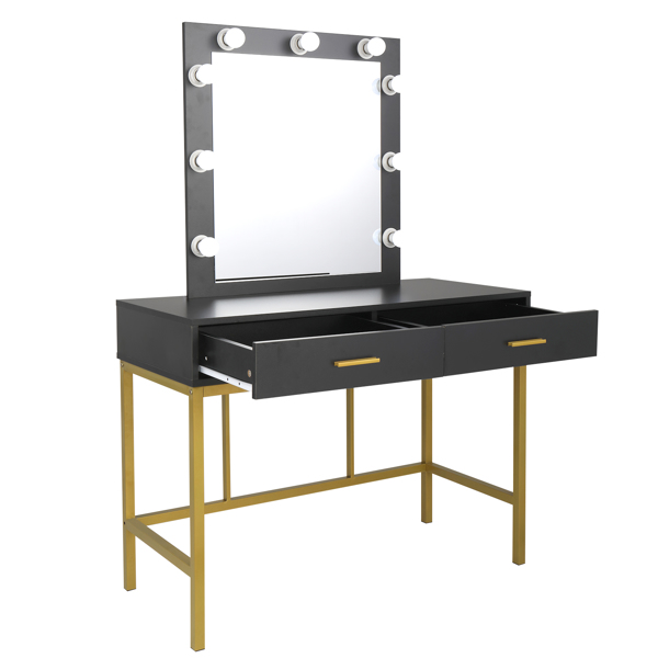 Single Mirror With 2 Drawers And Light Bulbs, Steel Frame Dressing Table Black