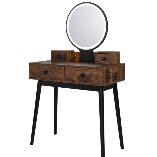 Vanity Set with Touch Screen Lighted Mirror, Makeup Table with Cushioned Stool, 4 Drawers, Rustic Brown and Black