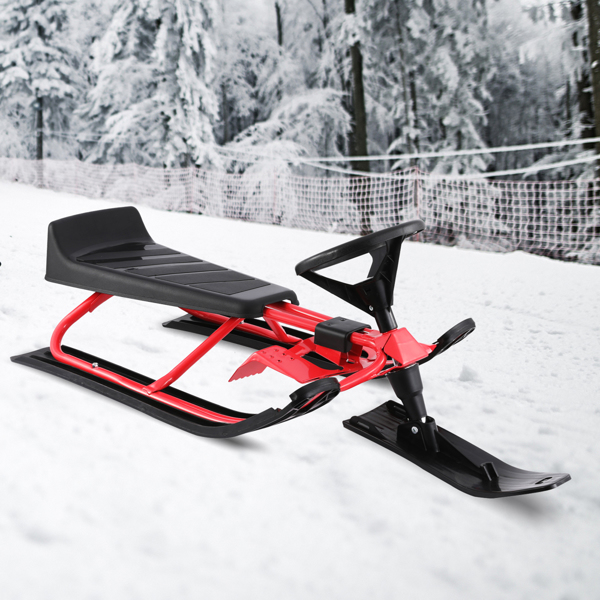 【Ski supplies】Snow Racer Sled, Steering Ski Sled Slider with Steel Frame, Pull Rope & Twin Brakes for Kids Age 4 & up, Teenager & Adult, 45 x 20 x 15'' (Red & Black) 