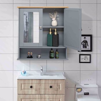 2 Mirror Door 1 Storage Layer MDF Spray Paint Bathroom Wall Cabinet Gray