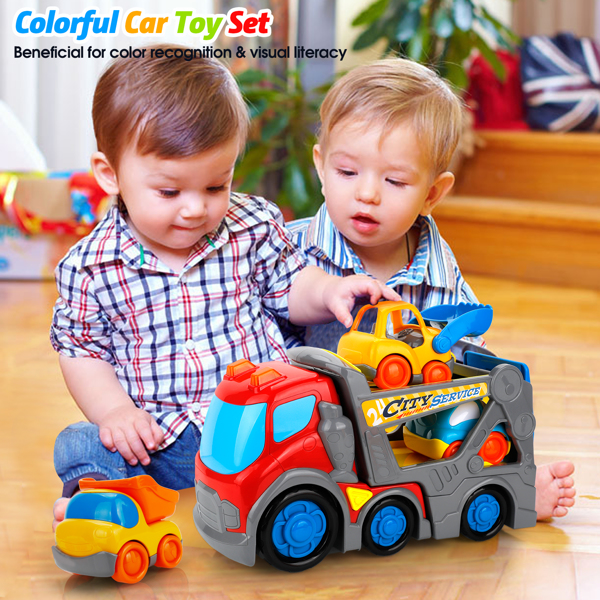 (ABC)(Prohibited Product on Amazon)Car Toys for Toddler 2 3 4 5 Years Old, 11 inch Sound and Light Big Transport Carrier Trailer, Kids Assorted Construction Vehicles, Bulldozer, Dump Truck, Boy Girl B