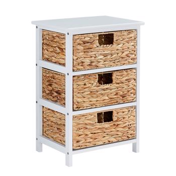 White Nightstand with 3 Drawers, Bedside Tables for Hallway, Accent End Table Bedroom,Dresser Storage Tower with Wood Top, Organizer Unit for Closets, Easy Pull Basket Bins(Water Hyacinth) 