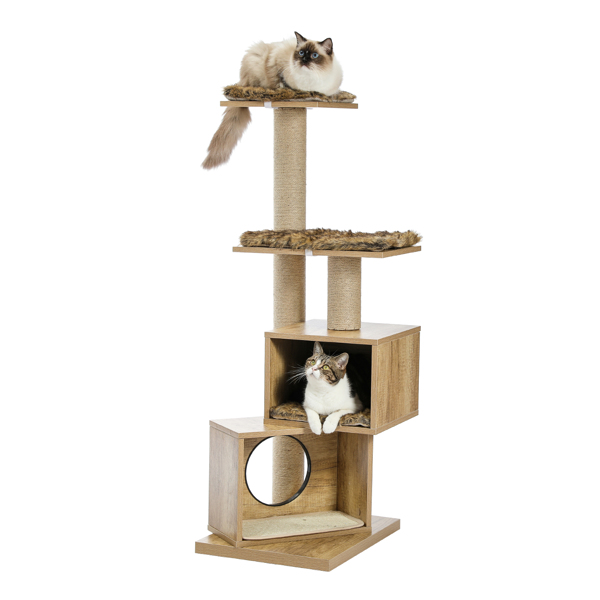 Wood Cat Tree Modern Cat Tower Sisal Scratching Post Double Condos Kitten Activity Centre Furniture with Removable Washable Mats