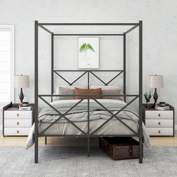 Metal Canopy  Full Size Platform Bed Frame with X Shaped Frame