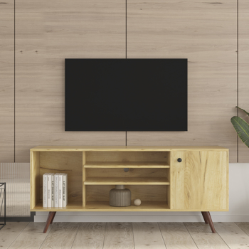 Mid-Century TV Stand for TVs up to 55 Inches, Entertainment Center with Open Storage Shelves & Cabinet, Modern TV Console for Living Room, Rustic Oak.