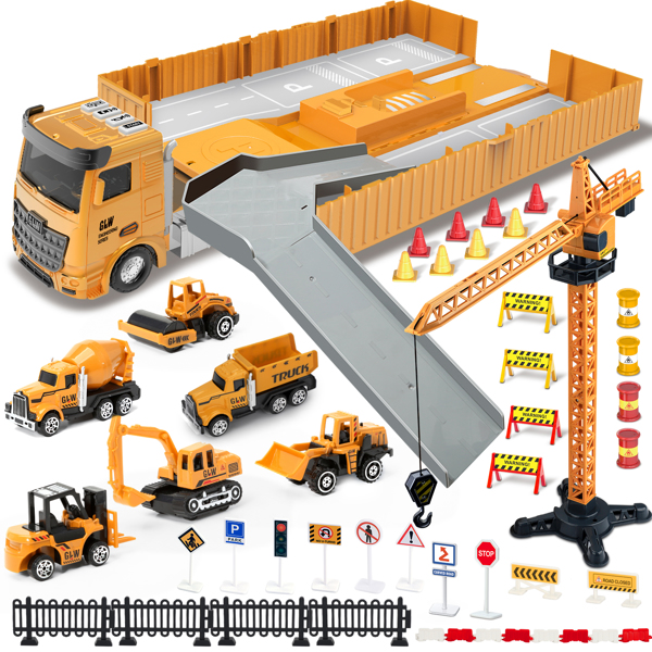 (ABC)(Prohibited Product on Amazon)Construction Toys with Crane, Construction Vehicles Playset for Kids, Matchbox Bulldozer, Forklift, Steamroller, Dump, Cement Mixer, Excavator, Engineering Crane, Xm