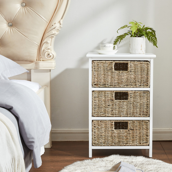 White Nightstand with 3 Drawers, Bedside Tables for Hallway, Accent End Table Bedroom,Dresser Storage Tower with Wood Top, Organizer Unit for Closets, Easy Pull Basket Bins(Seaweed) 