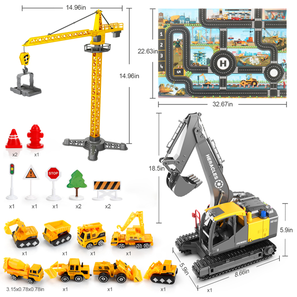 (ABC)(Prohibited Product on Amazon)Construction Truck Toys for 3 4 5 6 Year Old Boys, Big Excavator Toy Engineering Vehicles with Play Mat, Large Tower Crane, 8 Mini Truck & Road Signs for Toddler Kid