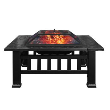 Multifunctional Fire Pit Table 32in 3 in 1 Metal Square Patio Firepit Table BBQ Garden Stove with Spark Screen, Cover, Log Grate and Poker for Warmth, BBQ and Cooling Drinks