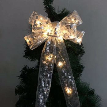 LED Christmas Tree Top Topper Ribbon Bow Light Up Xmas Party Hanging Decor Gift 圣诞节圣诞树装饰透明印花银色蝴蝶结(带灯) 包邮价格