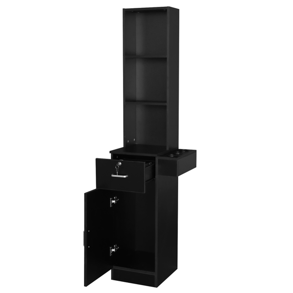 15 cm P2 density board, standing 3 compartments, 1 drawer, 1 door, 3 holes on the right ear, salon cabinet black 