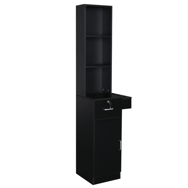 15 cm P2 density board, standing 3 compartments, 1 drawer, 1 door, 3 holes on the right ear, salon cabinet black 