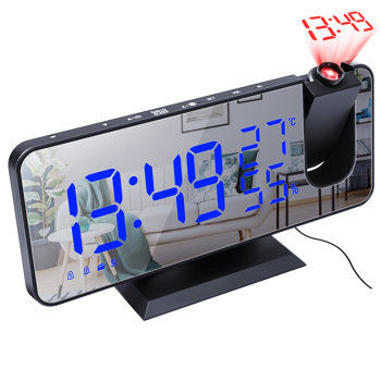 USB LED Display Mirror Radio Digital Alarm Clock Blue