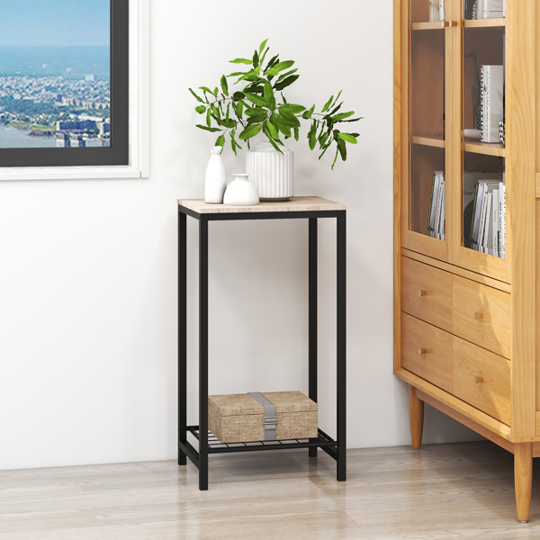 2-Tier End Table, Industrial Side Table Nightstand with Durable Metal Frame, Coffee Table with Mesh Shelves for Living Room，OAK Finish