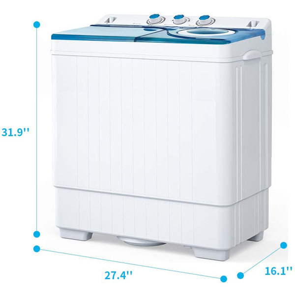 Twin Tub with Built-in Drain Pump XPB65-2168S 26Lbs Semi-automatic Twin Tube Washing Machine for Apartment, Dorms, RVs, Camping and More, White&Blue US Standard