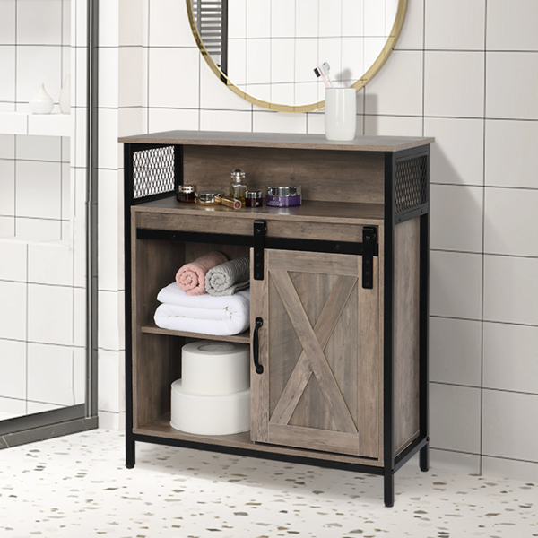 FCH Retro Style MDF With Triamine Iron Frame Sliding Door Two-Drawing Two-Layer Rack Bathroom Cabinet