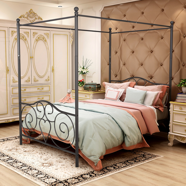 Metal Canopy Bed Frame with Vintage Style Headboard & Footboard / Easy DIY Assembly/ All Parts Included, Full Black
