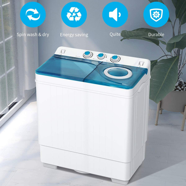 Twin Tub with Built-in Drain Pump XPB65-2168S 26Lbs Semi-automatic Twin Tube Washing Machine for Apartment, Dorms, RVs, Camping and More, White&Blue US Standard