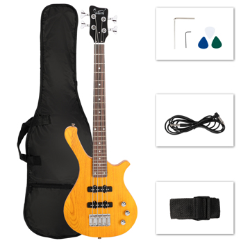 【Do Not Sell on Amazon】Glarry GW101 36in Small Scale Electric Bass Guitar Suit For Kids And Adult With Mahogany Body Ss Pickups, Guitar Bag, Strap, Cable Transparent Yellow