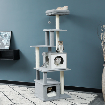 Modern Cat Tree Tall Cat Tower with Scratching Posts, 2 Condos and Top Perch Grey