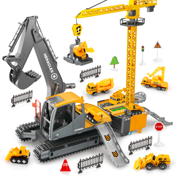 (Prohibited Product on Amazon)Construction Truck Toys for 3 4 5 6 Year Old Boys, Big Excavator Toy Engineering Vehicles with Play Mat, Large Tower Crane, 8 Mini Truck & Road Signs for Toddler Kids Chr