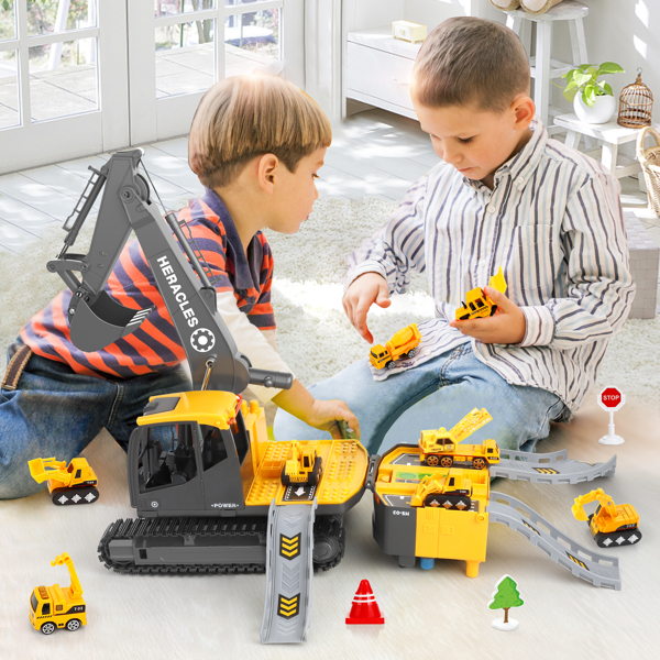 (ABC)(Prohibited Product on Amazon)Construction Truck Toys for 3 4 5 6 Year Old Boys, Big Excavator Toy Engineering Vehicles with Play Mat, Large Tower Crane, 8 Mini Truck & Road Signs for Toddler Kid