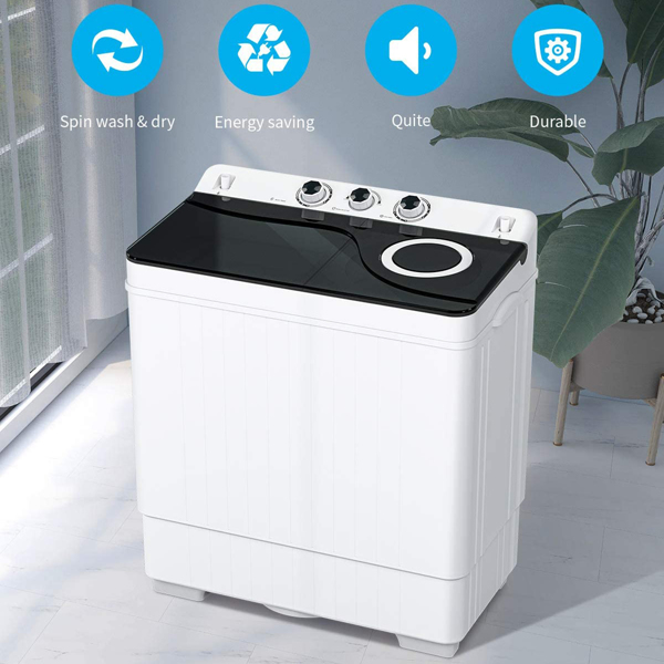 Twin Tub with Built-in Drain Pump XPB65-2168S 26Lbs Semi-automatic Twin Tube Washing Machine for Apartment, Dorms, RVs, Camping and More, White&Black US Standard