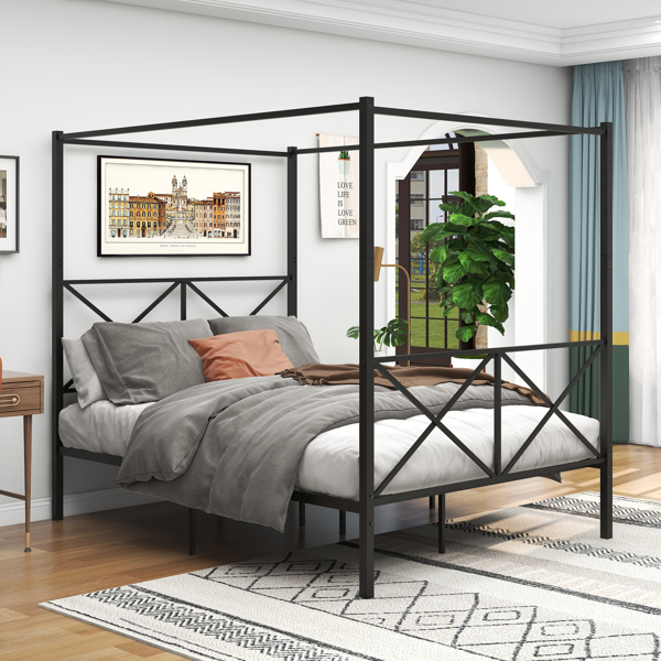 Metal Canopy Bed Frame, Platform Bed Frame with X Shaped Frame, Queen Black