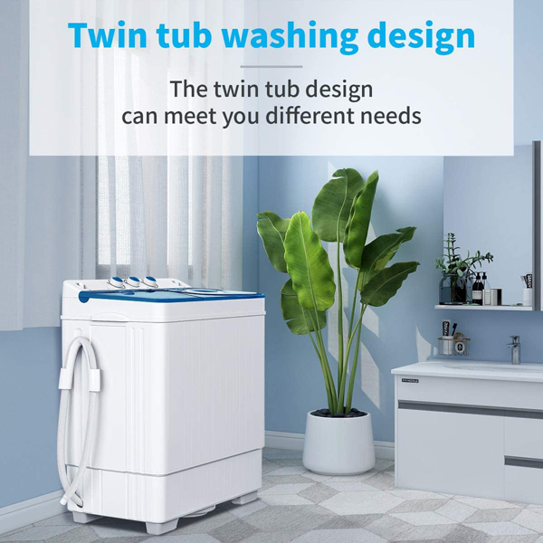 Twin Tub with Built-in Drain Pump XPB65-2168S 26Lbs Semi-automatic Twin Tube Washing Machine for Apartment, Dorms, RVs, Camping and More, White&Blue US Standard