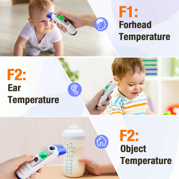 (ABC)Touchless Forehead Ear Thermometer for Adults Baby, Digital Infrared Thermometer for Object, Non-Contact Temporal Thermometer with Instant Accurate Reading, Fever Alarm and Memory(FR100+RF412)