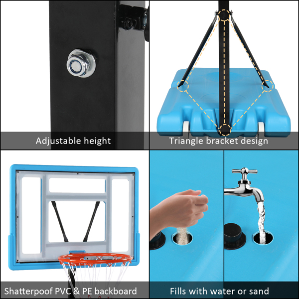 PVC Transparent Board Basket Frame Adjustable 115-135cm Poolside Basketball Hoop Blue