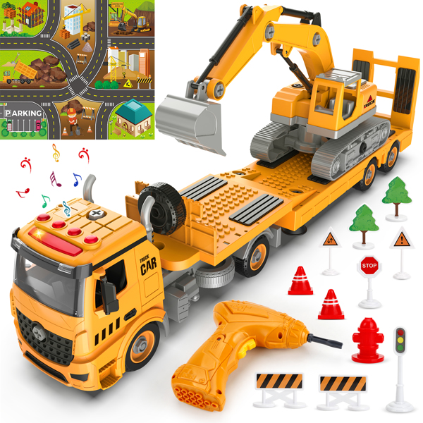 (ABC)Building Construction Trailer Truck & Excavator Toys for 3 4 5 6 Years Old Toddlers Kids Boys Girls, 108PCS Building Block Toy Set with Electric Drill, STEM Take Apart Vehicles Gift with Sound & 