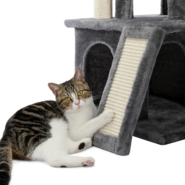 Modern Small Cat Tree Cat Tower With Double Condos Spacious Perch Sisal Scratching Posts，Climbing Ladder and Replaceable Dangling Balls Grey (Minimum Retail Price for US: USD 79.99)