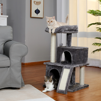 Modern Small Cat Tree Cat Tower With Double Condos Spacious Perch Sisal Scratching Posts，Climbing Ladder and Replaceable Dangling Balls Grey