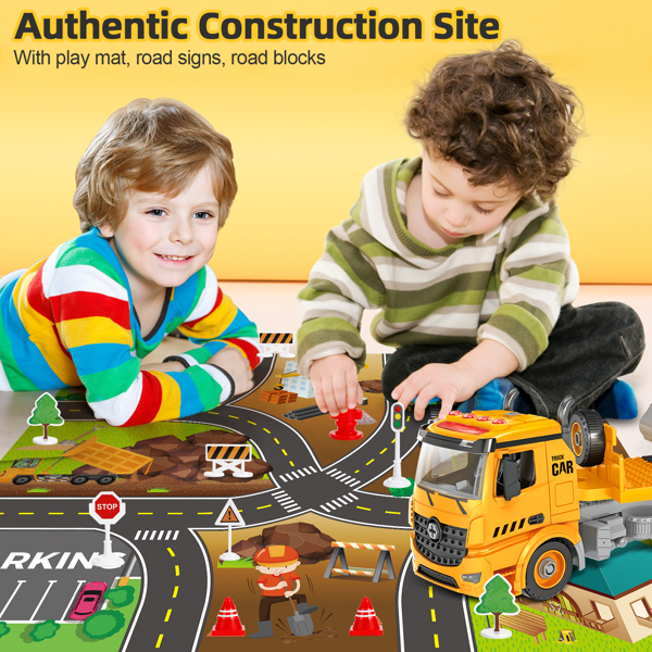 (ABC)Building Construction Trailer Truck & Excavator Toys for 3 4 5 6 Years Old Toddlers Kids Boys Girls, 108PCS Building Block Toy Set with Electric Drill, STEM Take Apart Vehicles Gift with Sound & 