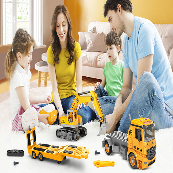 (ABC)Building Construction Trailer Truck & Excavator Toys for 3 4 5 6 Years Old Toddlers Kids Boys Girls, 108PCS Building Block Toy Set with Electric Drill, STEM Take Apart Vehicles Gift with Sound & 