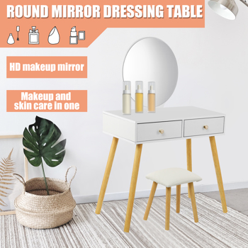 Makeup Vanity Set with Round Mirror, Makeup Dressing Table with 2 Sliding Drawers Women Vanity Stool Set for Bedroom(White), Wooden Color