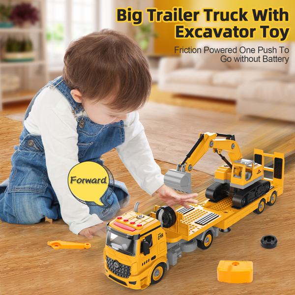 (ABC)Building Construction Trailer Truck & Excavator Toys for 3 4 5 6 Years Old Toddlers Kids Boys Girls, 108PCS Building Block Toy Set with Electric Drill, STEM Take Apart Vehicles Gift with Sound & 