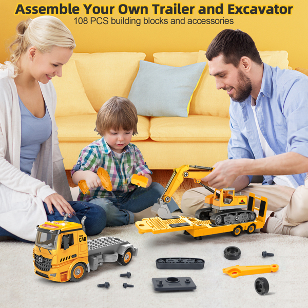 (ABC)Building Construction Trailer Truck & Excavator Toys for 3 4 5 6 Years Old Toddlers Kids Boys Girls, 108PCS Building Block Toy Set with Electric Drill, STEM Take Apart Vehicles Gift with Sound & 