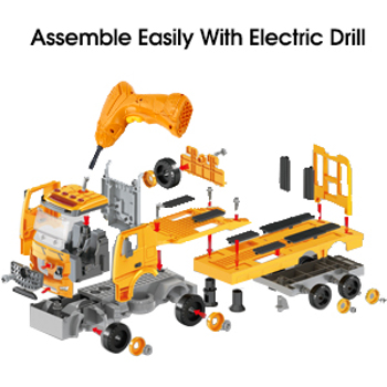 Building Construction Trailer Truck & Excavator Toys for 3 4 5 6 Years Old Toddlers Kids Boys Girls, 108PCS Building Block Toy Set with Electric Drill, STEM Take Apart Vehicles Gift with Sound & Light